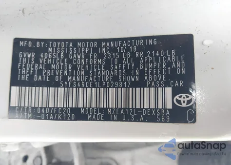 2020 Toyota Corolla Se из США, поврежденный, VIN 5YFS4RCE1LP029817